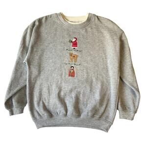 Basic Editions Women Sweatshirt S Gray Santa Reindeer Angel Embroidery Fleece